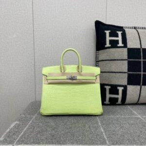 Top-Handle Bag 25cm – Matte Porosus Crocodile, Jaune Bourgeon, Silver Hardware