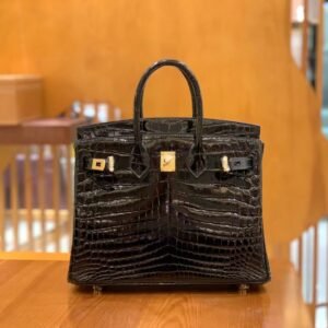 Top-Handle Bag Exotic-Trim 25cm – Shiny Niloticus Crocodile, Black, Silver Hardware