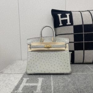 Top-Handle Bag 25cm – Ostrich, Gris Pearl, Gold Hardware
