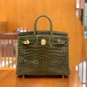 Top-Handle Bag 25cm – Shiny Niloticus Crocodile, Olive Green, Gold Hardware
