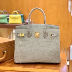 Top-Handle Bag 30cm – Crocodile, Matte Nilo Pearl Grey, Gold Hardware