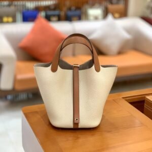 Bucket Tote 18cm – Swift, Golden Brown & Creamy White, Silver Hardware