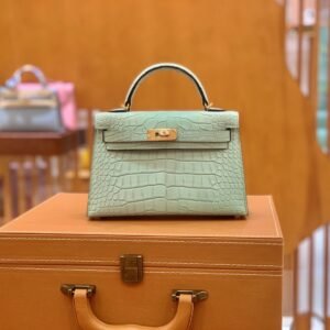 Mini Turnlock Flap Bag 19cm – Matte Alligator Crocodile, Mint Green, Gold Hardware