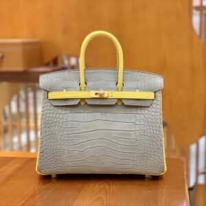 Top-Handle Bag 25cm – Matte Alligator Crocodile, Pearl Grey & Marigold Yellow, Gold Hardware