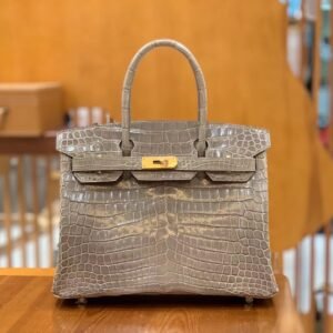 Top-Handle Bag 30cm – Shiny Crocodile, Etoupe, Gold Hardware