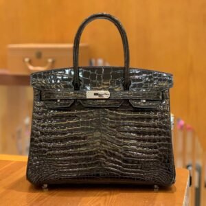 Top-Handle Bag 30cm – Porosus, Noir (AG-14404)