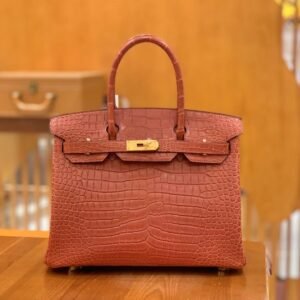 Top-Handle Bag 30cm – Matte Porosus Crocodile, Maple Leaves Brown, Gold Hardware