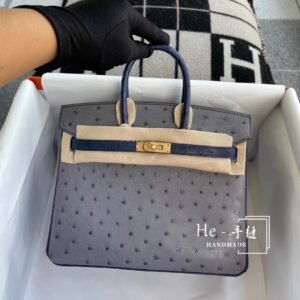 Top-Handle Bag 25cm – Ostrich, Gris Agate / Blue Iris, Brushed Gold Hardware