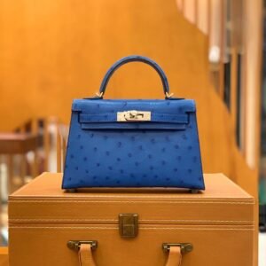 Mini Turnlock Flap Bag – Ostrich, Bleu Hydra, Silver Hardware