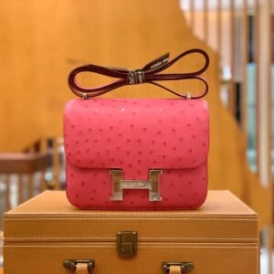 Buckle Flap Bag 19cm – Ostrich, Rose Dragee, Silver Hardware