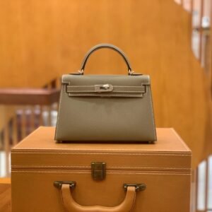 Mini Turnlock Flap Bag 19cm – Epsom, Etoupe, Silver Hardware (AG-04837)