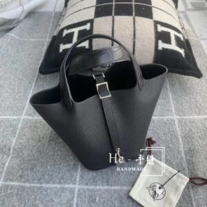 Bucket Tote 18cm – Calf Leather/Crocodile, Black, Silver Hardware