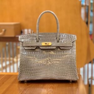 Top-Handle Bag 30cm – Shiny Niloticus Crocodile, Etoupe, Gold Hardware