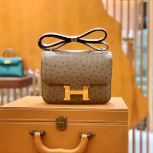 Buckle Flap Bag 18cm – Ostrich, Etoupe, Gold Hardware (AG-04411)