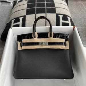Top-Handle Bag Exotic-Trim 25cm – Togo / Shiny Crocodile, Noir, Silver Hardware