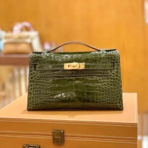 Mini Turnlock Flap Bag 22cm – Shiny Alligator Crocodile, Olive Green, Gold Hardware