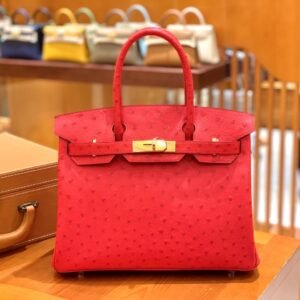 Top-Handle Bag 30cm – Ostrich, Bright Red, Gold Hardware (AG-03449)