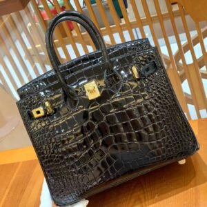 Top-Handle Bag 25cm – Alligator, Noir, Gold Hardware (AG-15633)