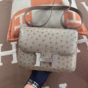 Buckle Flap Bag 24cm – Ostrich, Gris Asphalt, Silver Hardware