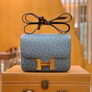 Buckle Flap Bag 18cm – Ostrich, Denim Blue, Gold Hardware