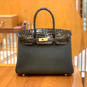 Top-Handle Bag Exotic-Trim 30cm – Shiny Niloticus, Black, Gold Hardware