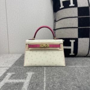 Mini Turnlock Flap Bag 19cm – Ostrich, Parchemin / Fuschia, Gold Hardware