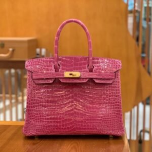 Top-Handle Bag 30cm – Shiny Porosus Crocodile, Rose Tyrien, Gold Hardware