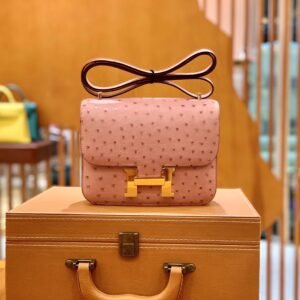 Buckle Flap Bag 18cm – Ostrich, Ceramic Pink, Gold Hardware (AG-04299)