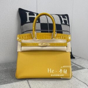 Top-Handle Bag Exotic-Trim 30cm – Togo/Crocodile, Amber, Gold Hardware
