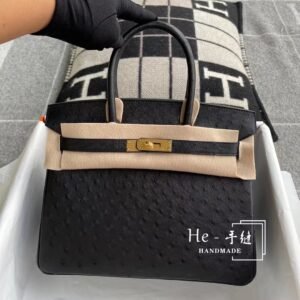 Top-Handle Bag 30cm – Ostrich, Black, Gold Hardware