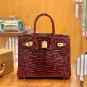 Top-Handle Bag 30cm – Porosus, Shiny Vbordeaux Red, Gold Hardware