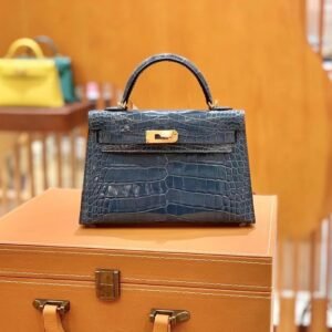 Mini Turnlock Flap Bag 19cm – Shiny Alligator Crocodile, Blue, Gold Hardware