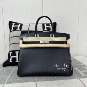Top-Handle Bag 30cm – Ostrich, Black, Silver Hardware