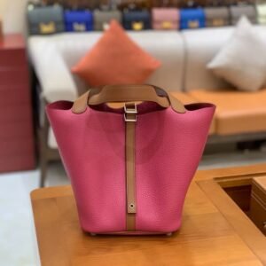 Bucket Tote 22cm – Clemence, Rose Red & Golden Brown, Silver Hardware