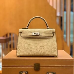 Mini Turnlock Flap Bag 19cm – Matte Alligator Crocodile, Champagne, Silver Hardware