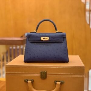 Mini Turnlock Flap Bag 19cm – Ostrich, Malta Blue, Gold Hardware