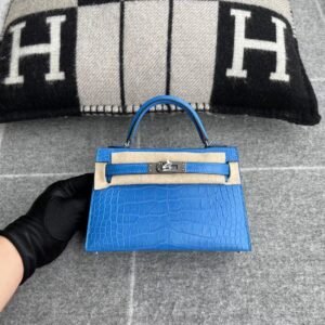 Mini Turnlock Flap Bag 19cm – Matte Alligator, Blue Zellige, Silver Hardware
