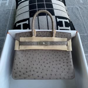 Top-Handle Bag 30cm – Hss Ostrich, Mousse / Rouge H, Silver Hardware