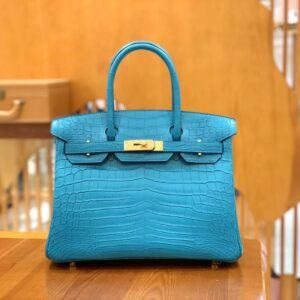 Top-Handle Bag 30cm – Matte Niloticus Crocodile, Peacock Blue, Gold Hardware