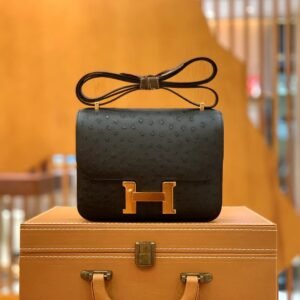Buckle Flap Bag 18cm – Ostrich, Black, Gold Hardware