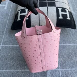 Bucket Tote 18cm – Ostrich, Terre Cuite, Silver Hardware