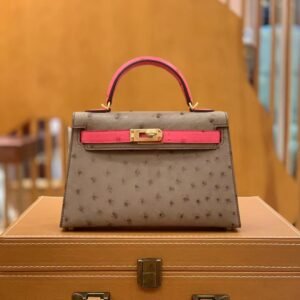 Mini Turnlock Flap Bag 19cm – Ostrich, Etoupe & Candy Pink, Gold Hardware