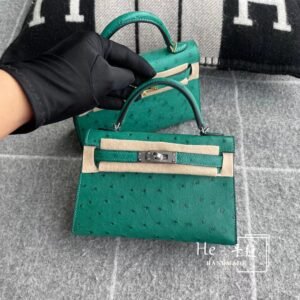 Mini Turnlock Flap Bag 19cm – Ostrich, Vert Vertigo, Silver Hardware