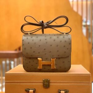 Buckle Flap Bag 18cm – Ostrich, Mole Ash, Gold Hardware
