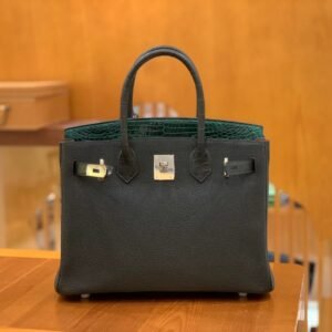 Top-Handle Bag Exotic-Trim 30cm – Shiny Niloticus, Black & Dark Green, Silver Hardware
