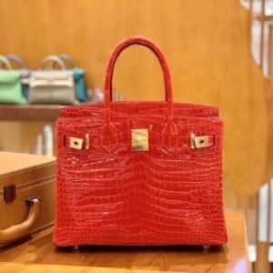 Top-Handle Bag 30cm – Porosus, Shiny Vferrari Red, Gold Hardware