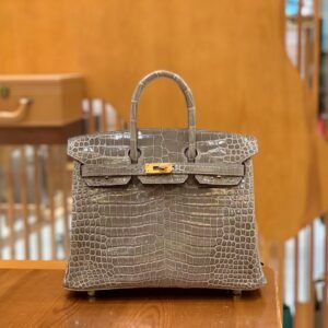 Top-Handle Bag 25cm – Shiny Porosus Crocodile, Etoupe, Gold Hardware (AG-03145)
