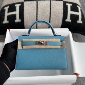 Mini Turnlock Flap Bag 19cm – Chevre, Blue Paon, Silver Hardware