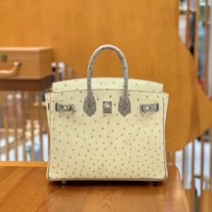 Top-Handle Bag 25cm – Ostrich, Creamy White & Ice Blue, Silver Hardware