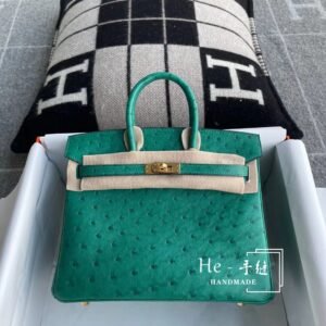 Top-Handle Bag 25cm – Ostrich, Vert Vertigo, Gold Hardware